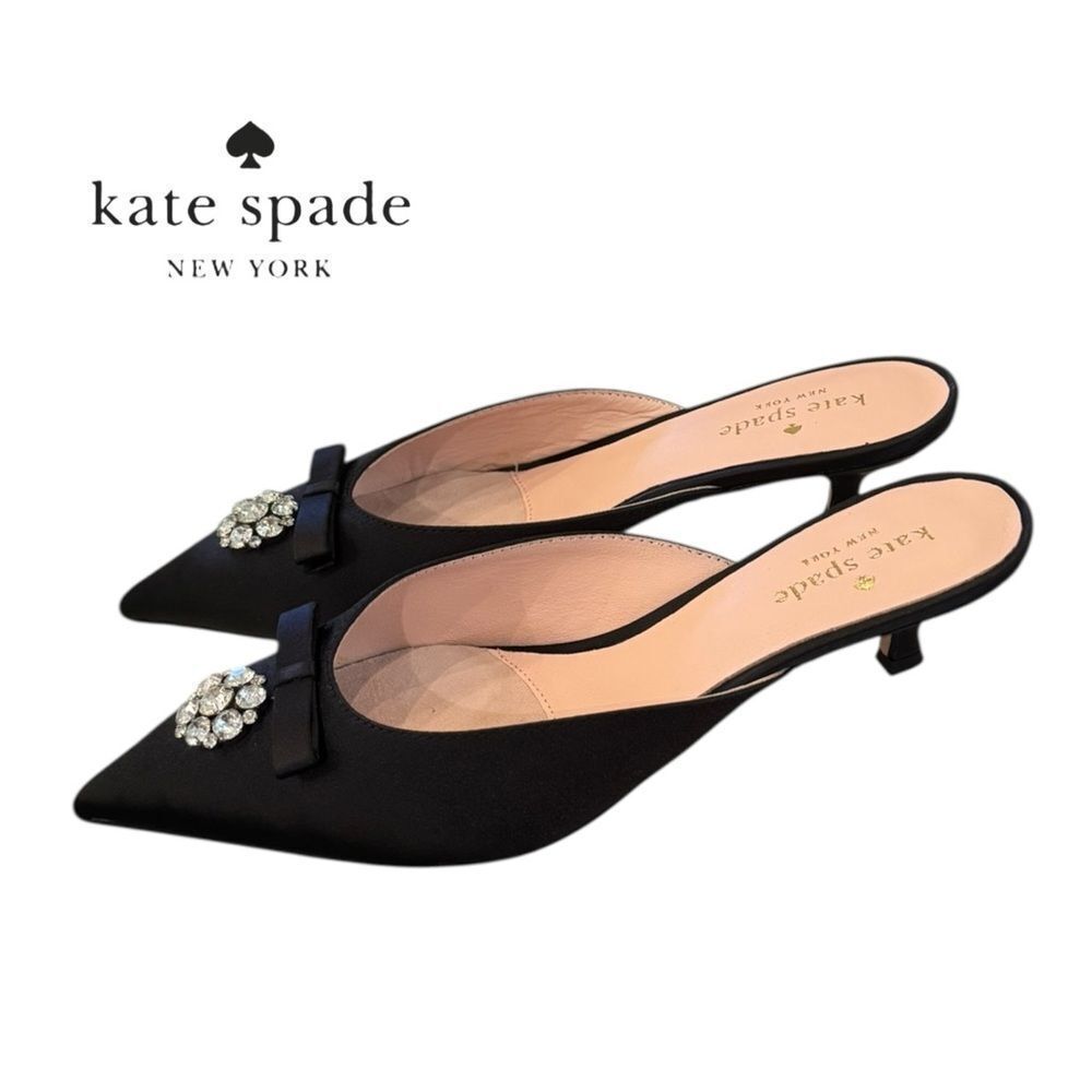 Kate Spade Women's Darlene Black Satin Jewelled Bow Kitten Heel Slide Mules 7.5 - Picture 3 of 8